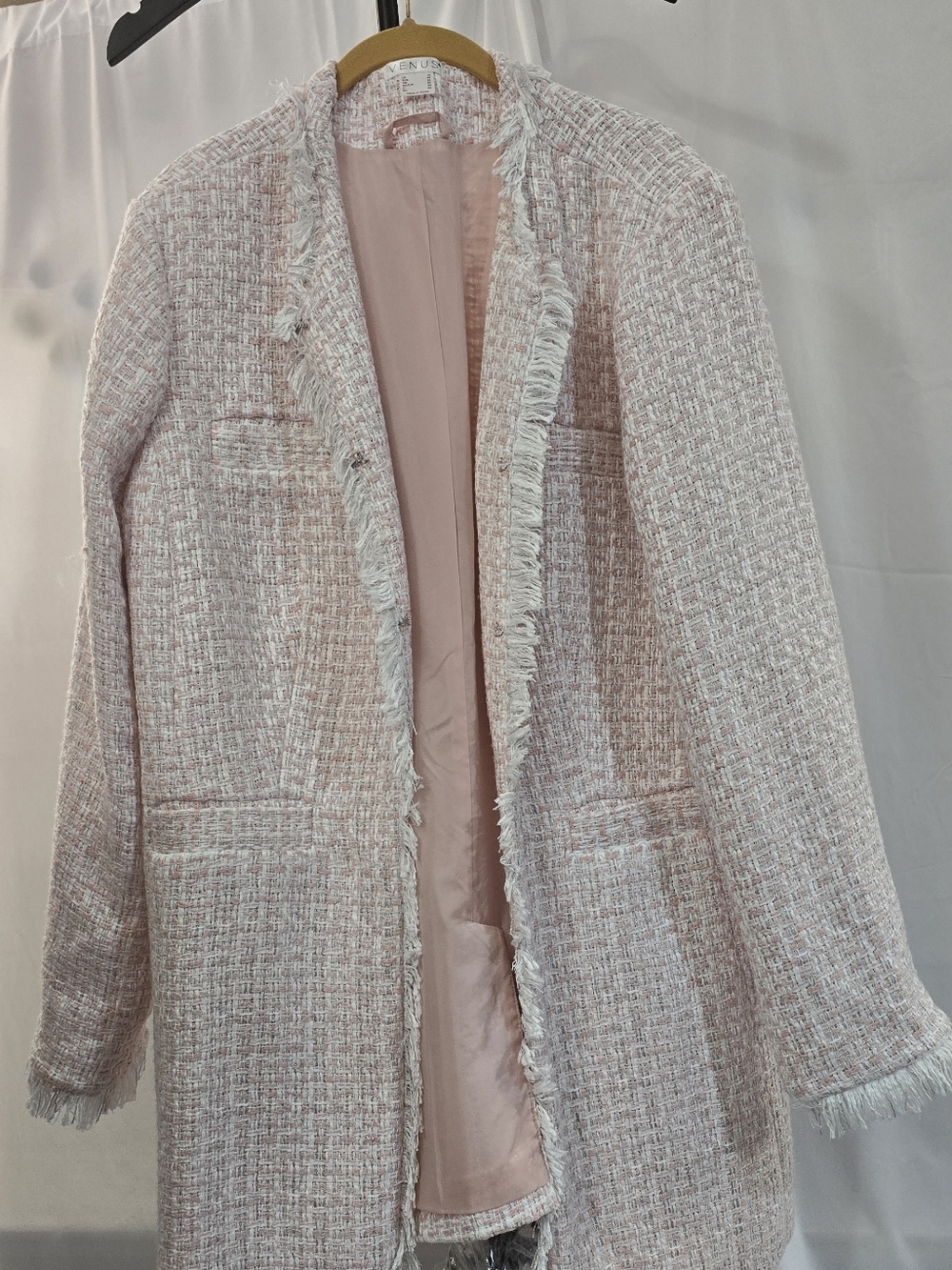 Venus Open Front Tweed Fringe Jacket Pink & White Size 16